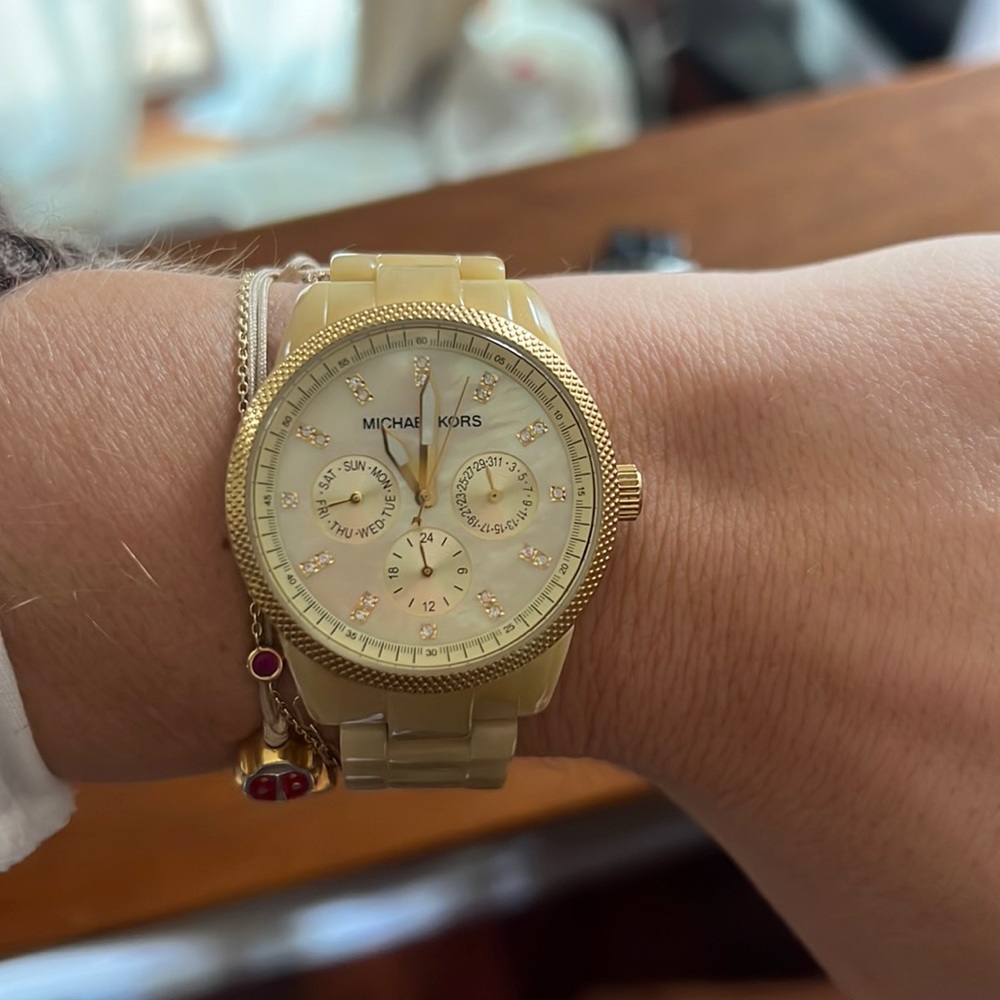 Gold Acrylic Michael Kors watch with Pearl face